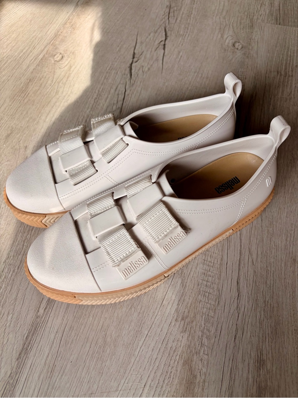 Melissa White Triple Strap Velcro Jelly Sneakers Gum Sole Vegan US 10
